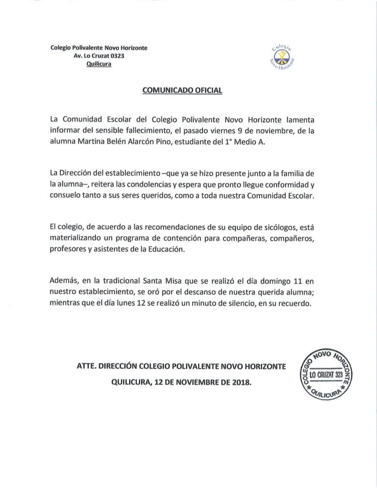 Comunicado oficial Colegio Novo Horizonte