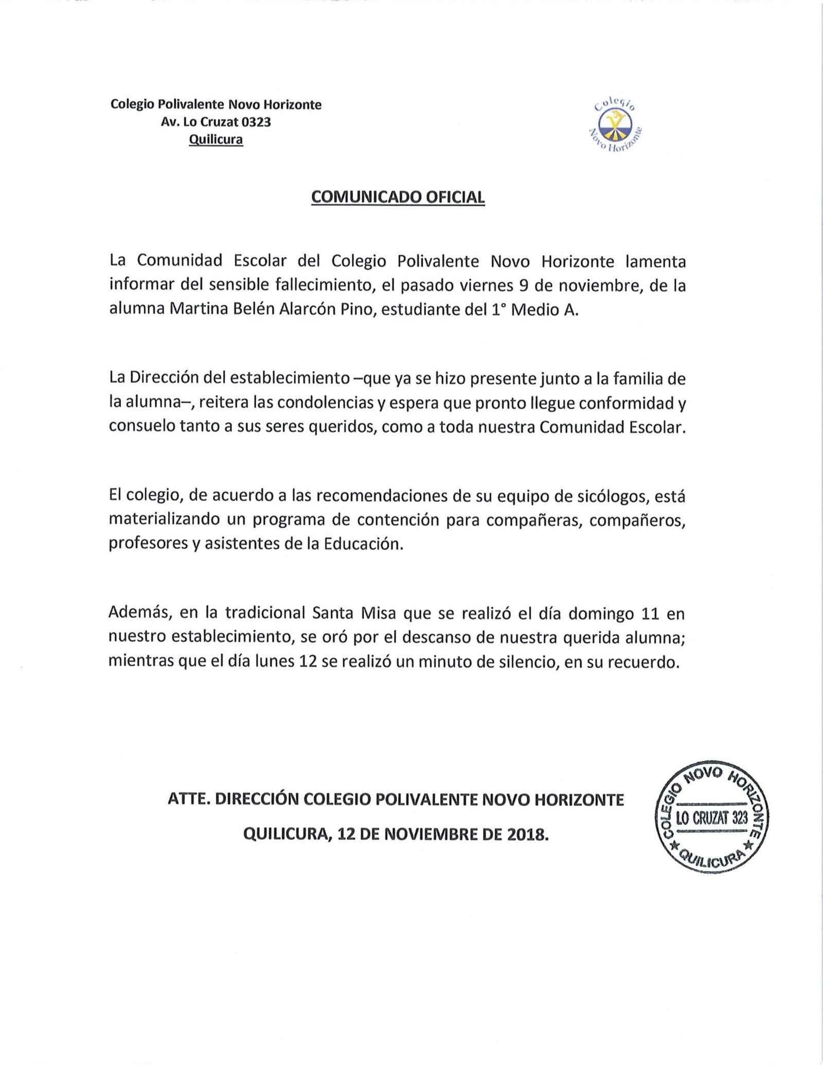 Comunicado oficial Colegio Novo Horizonte