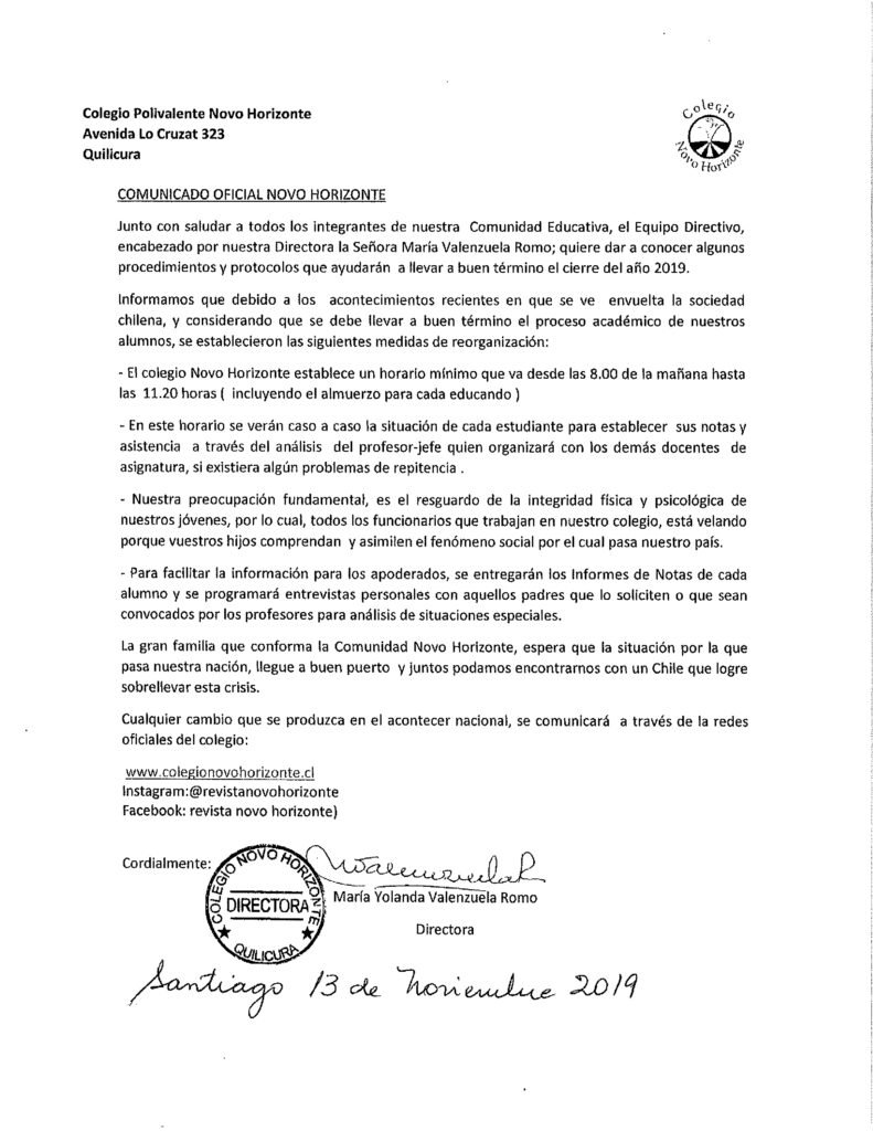 Así será el procedimiento de Novo Horizonte para finalizar el Año Escolar 2019