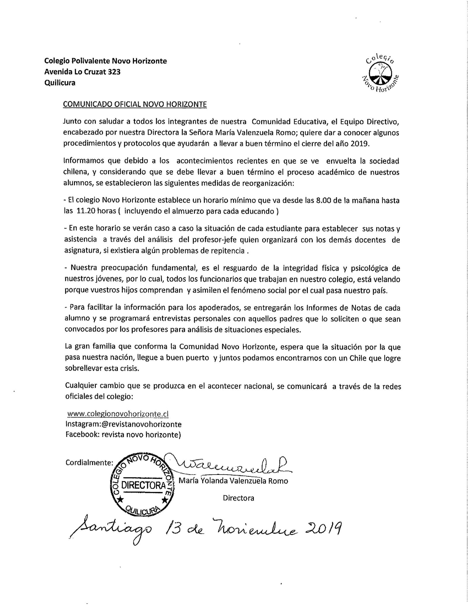 Así será el procedimiento de Novo Horizonte para finalizar el Año Escolar 2019