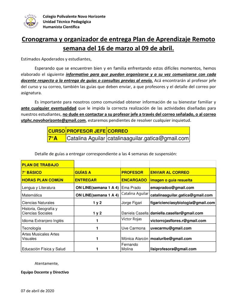 Contactos y organizador para ‘Plan de Aprendizaje Remoto’ (Guías del 16 de marzo al 9 de abril)