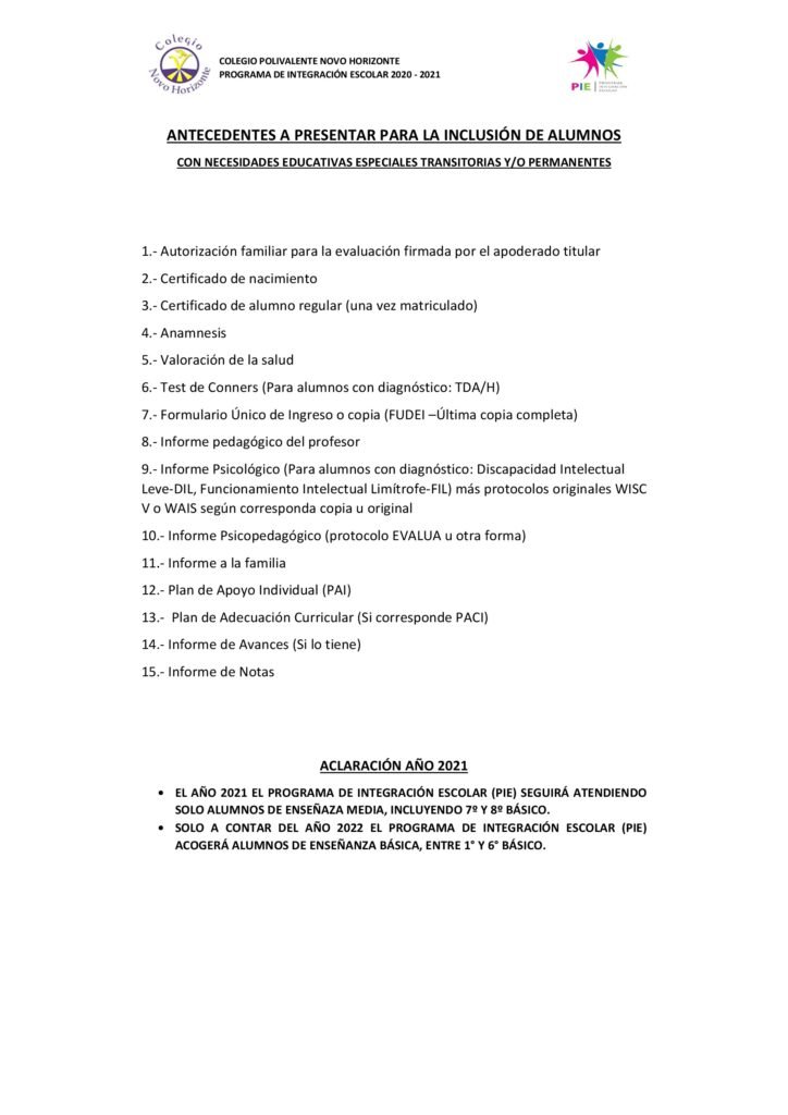 Antecedentes a presentar para Proceso de Admisión para Matrículas PIE