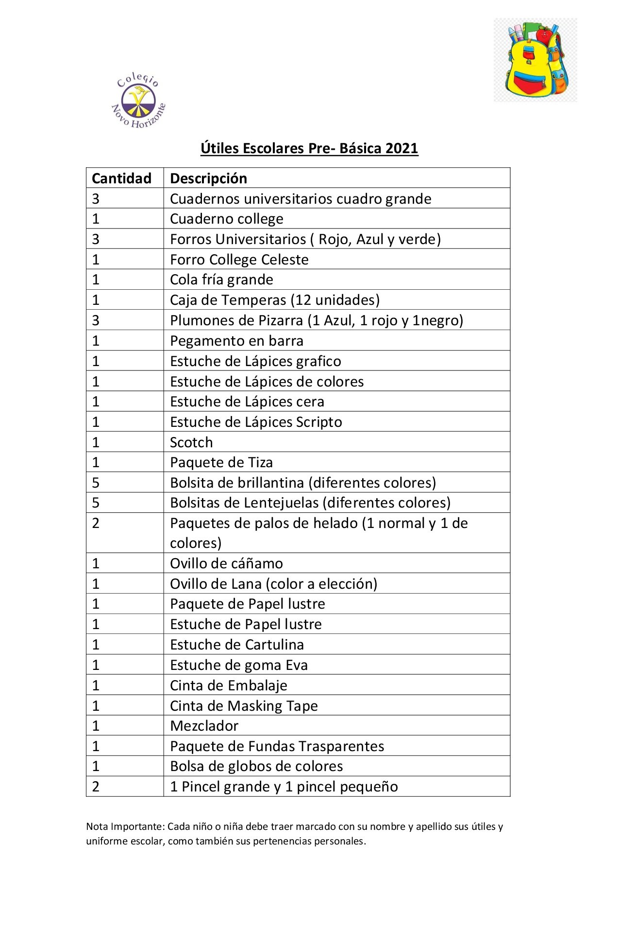 Lista de útiles escolares para Prekinder, Kinder y 1° Básico