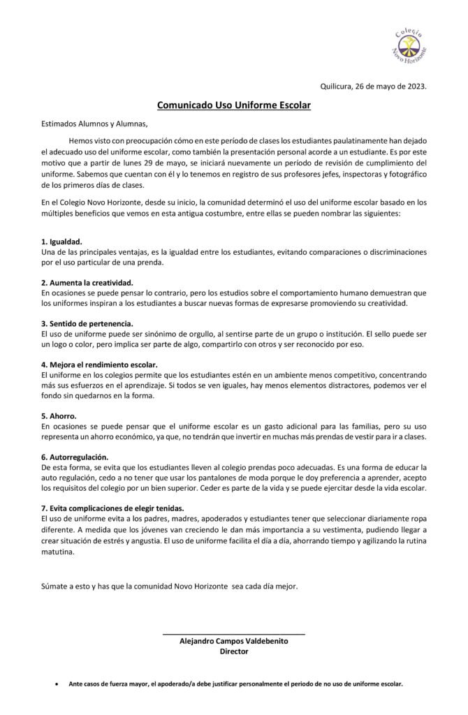 Comunicado oficial sobre el uso del Uniforme escolar