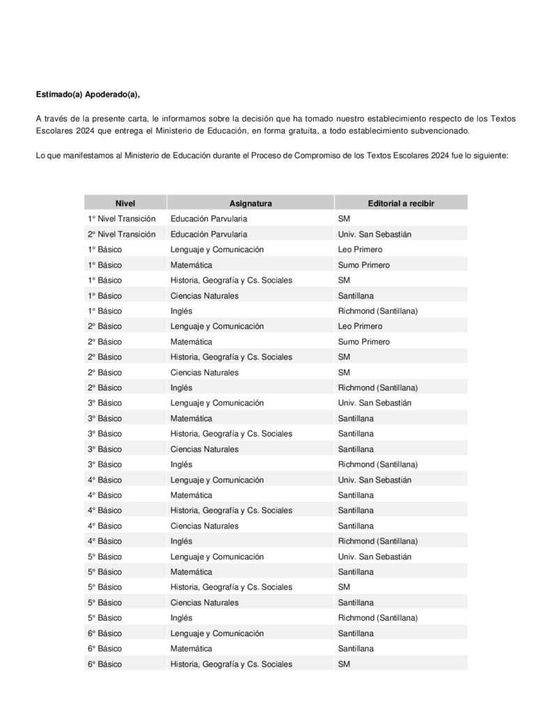 Estos son los Textos Escolares a utilizar en el Año Escolar 2024
