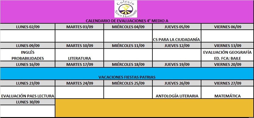 Calendario de evaluaciones cursos HC en Septiembre