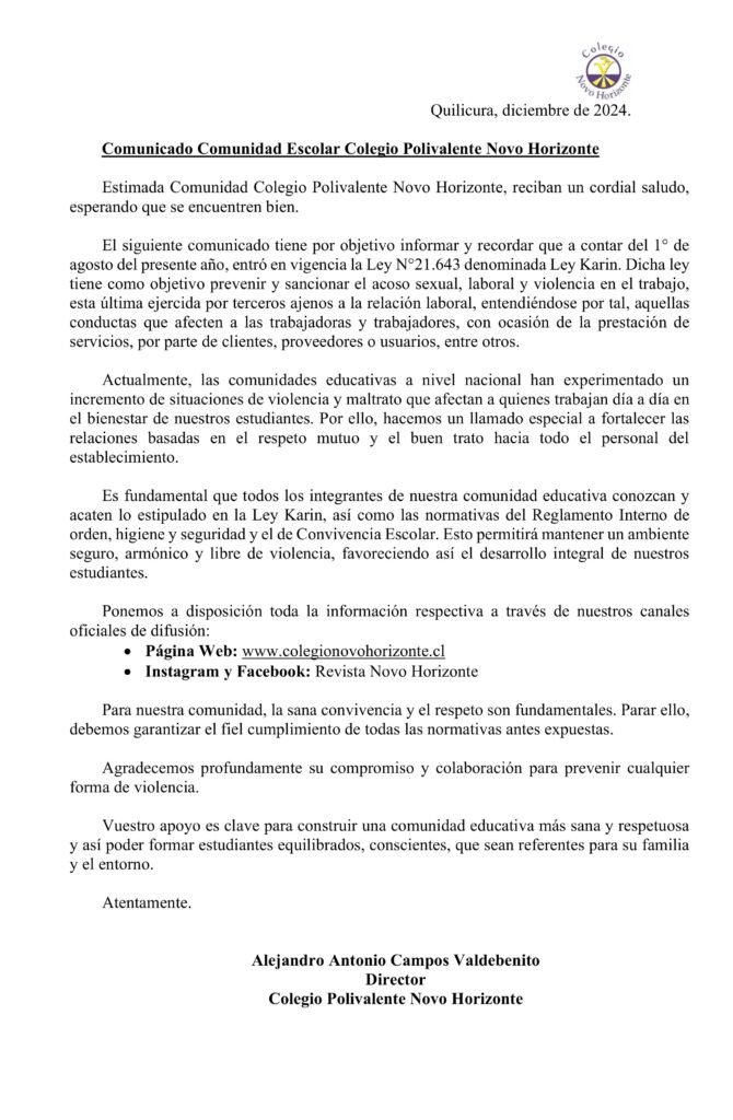 Comunicado sobre vigencia de la Ley Karin en nuestra Comunidad Escolar