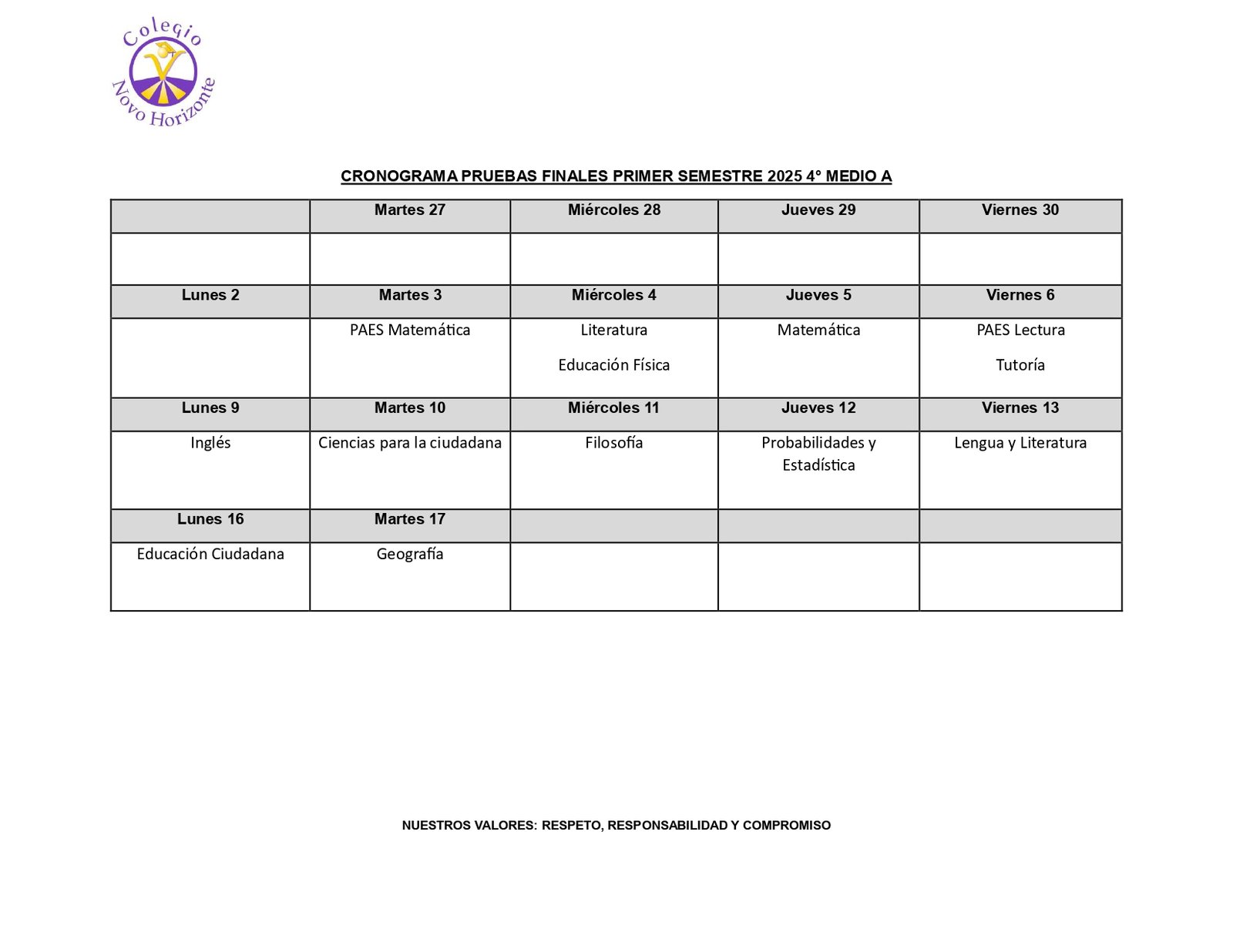 Calendario de evaluaciones finales 1er Semestre (cursos HC)