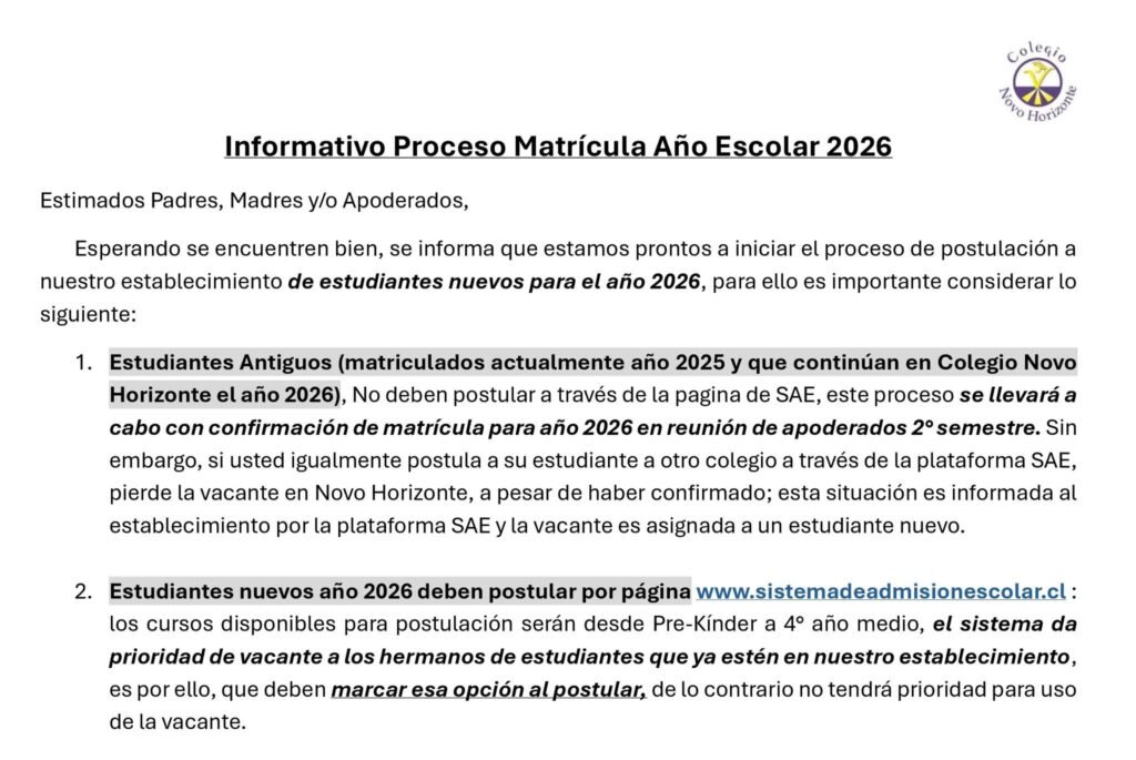 Informativo proceso de matrícula Año Escolar 2026