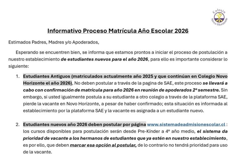 Informativo proceso de matrícula Año Escolar 2026